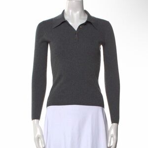 Sandro Gray Ribbed Long-Sleeve Polo Sweater